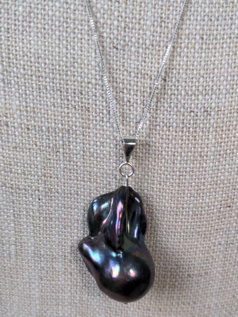 Baroque Peacock Black Pearl Pendant Necklace, Sterling Silver, Genuine
